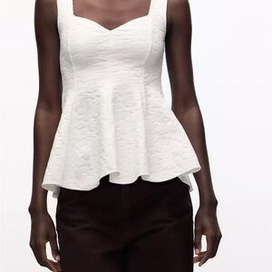 Zara White Textured STRETCH JACQUARD PEPLUM TOP
